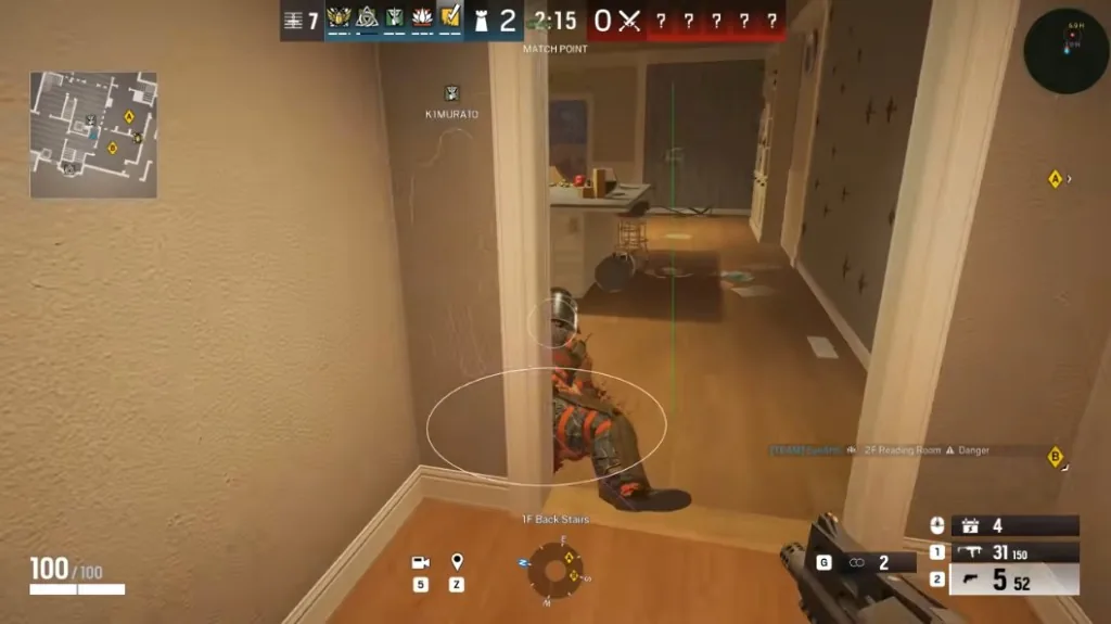Rainbow Six Siege player ESP skeleton and health bars in Bike Repair room